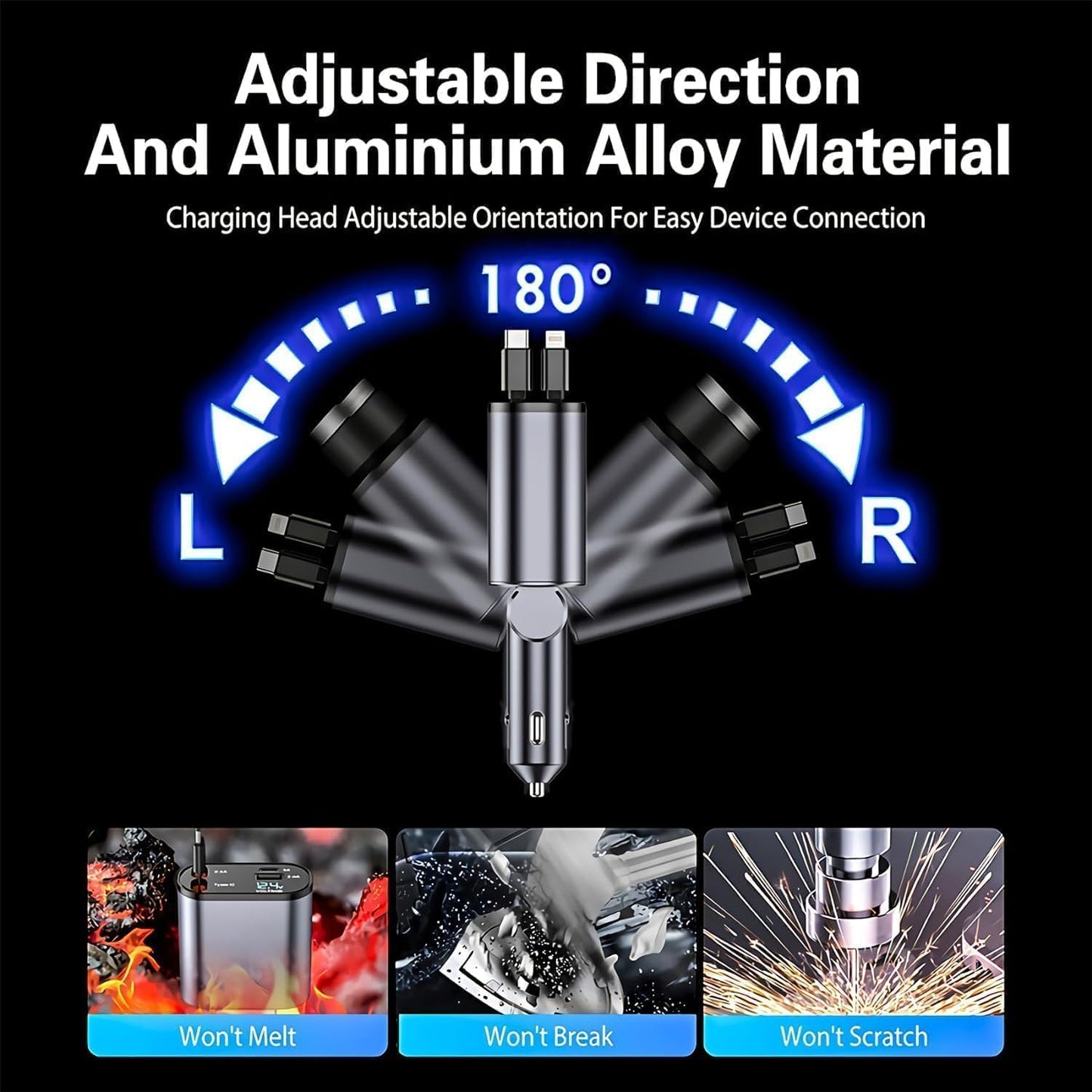 120W Fast Car Charger (2025 New Version) with 80CM Retractable Type-C Charging for 4 Devices – Universal Car Mobile Charger for All Smartphones & Tablets (Car Charger)