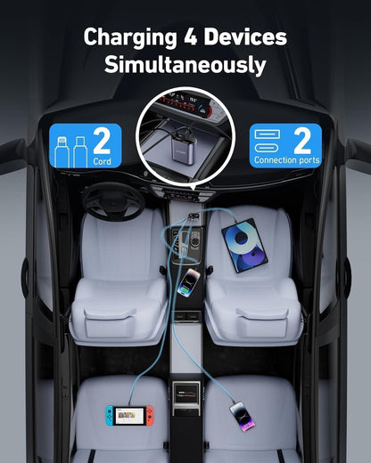 120W Fast Car Charger (2025 New Version) with 80CM Retractable Type-C Charging for 4 Devices – Universal Car Mobile Charger for All Smartphones & Tablets (Car Charger)