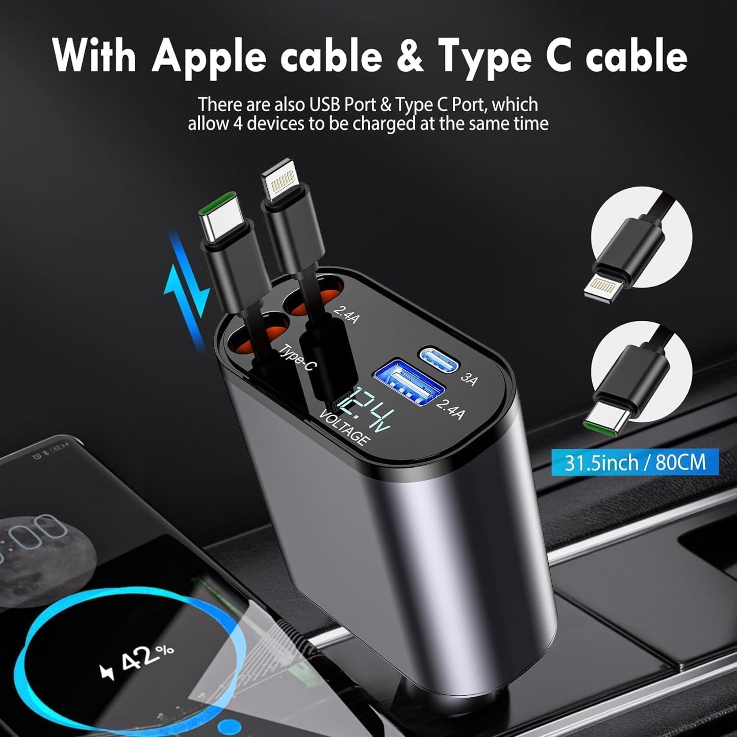 120W Fast Car Charger (2025 New Version) with 80CM Retractable Type-C Charging for 4 Devices – Universal Car Mobile Charger for All Smartphones & Tablets (Car Charger)