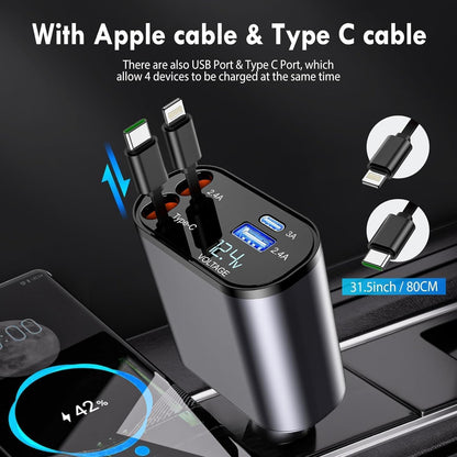 120W Fast Car Charger (2025 New Version) with 80CM Retractable Type-C Charging for 4 Devices – Universal Car Mobile Charger for All Smartphones & Tablets (Car Charger)